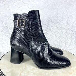 New Antonio de Faria Camila Snake Embossed Ankle Boot 9 Black Leather Block Heel